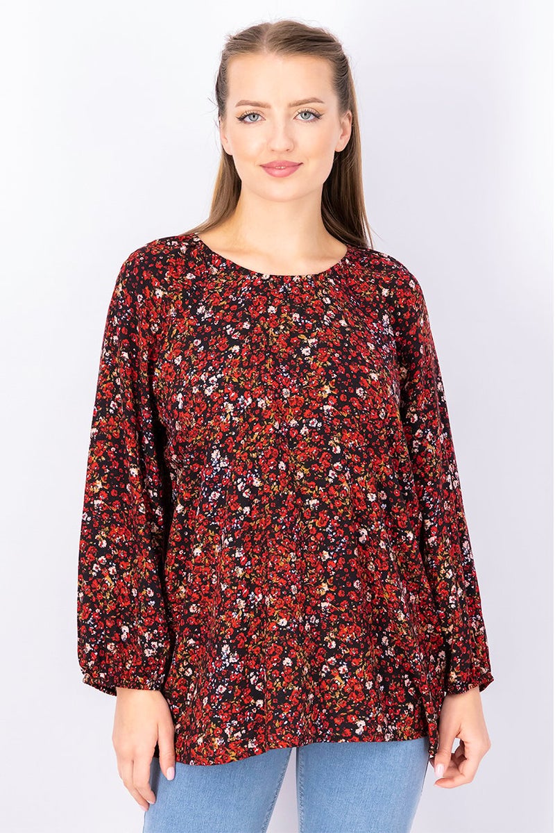 Women Round Neck Long Sleeves Floral Blouse, Red and Black