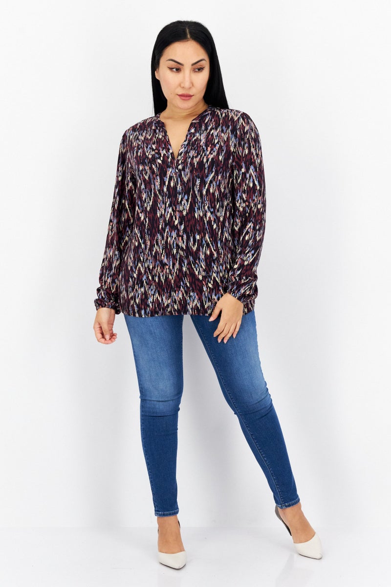 Women V-Neck Long Sleeve Allover Print Blouse, Navy/Maroon Combo