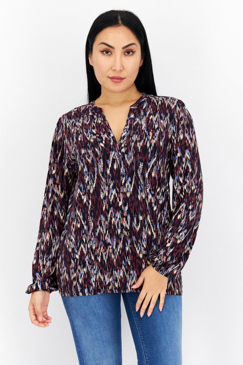 Women V-Neck Long Sleeve Allover Print Blouse, Navy/Maroon Combo