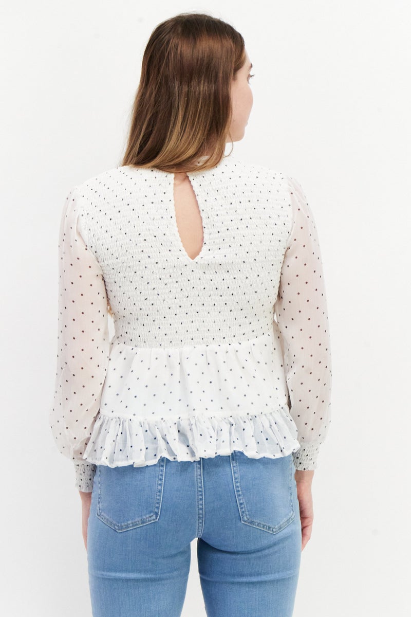 Women Petite Round Neck Long Sleeve Polka Dots Blouse, White