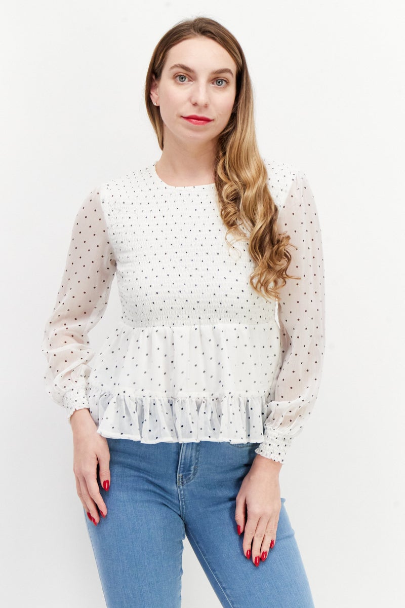 Women Petite Round Neck Long Sleeve Polka Dots Blouse, White