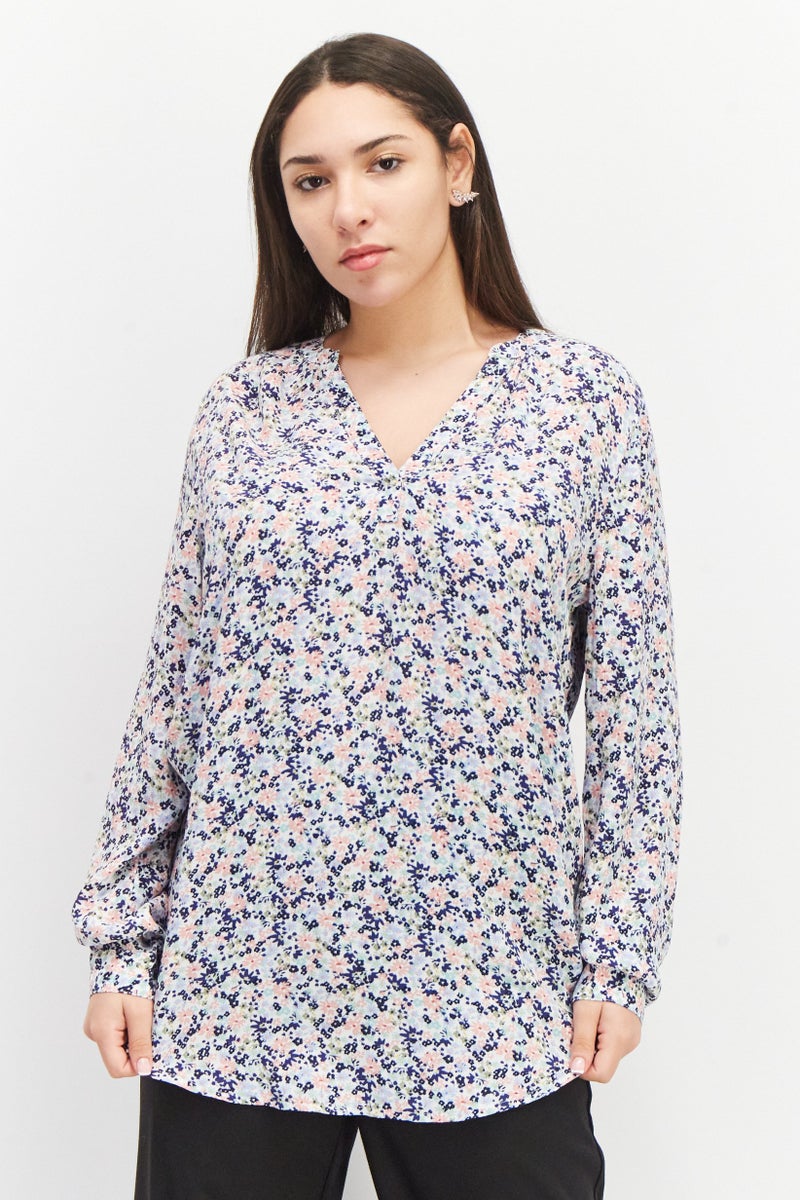 Women Split Neck Long Sleeve All Over Print Blouse, Navy Combo