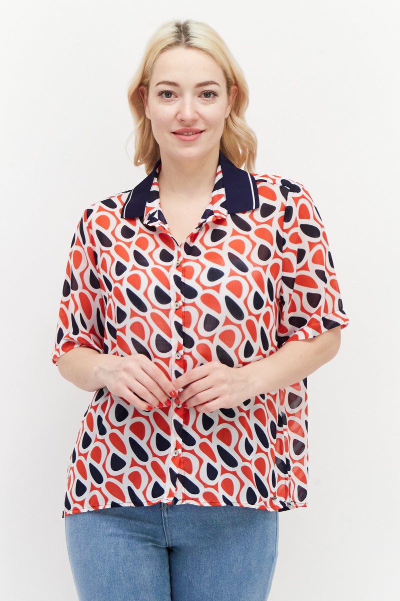 Women Spread Collar Short Sleeves Allover Print Blouse, Red Combo