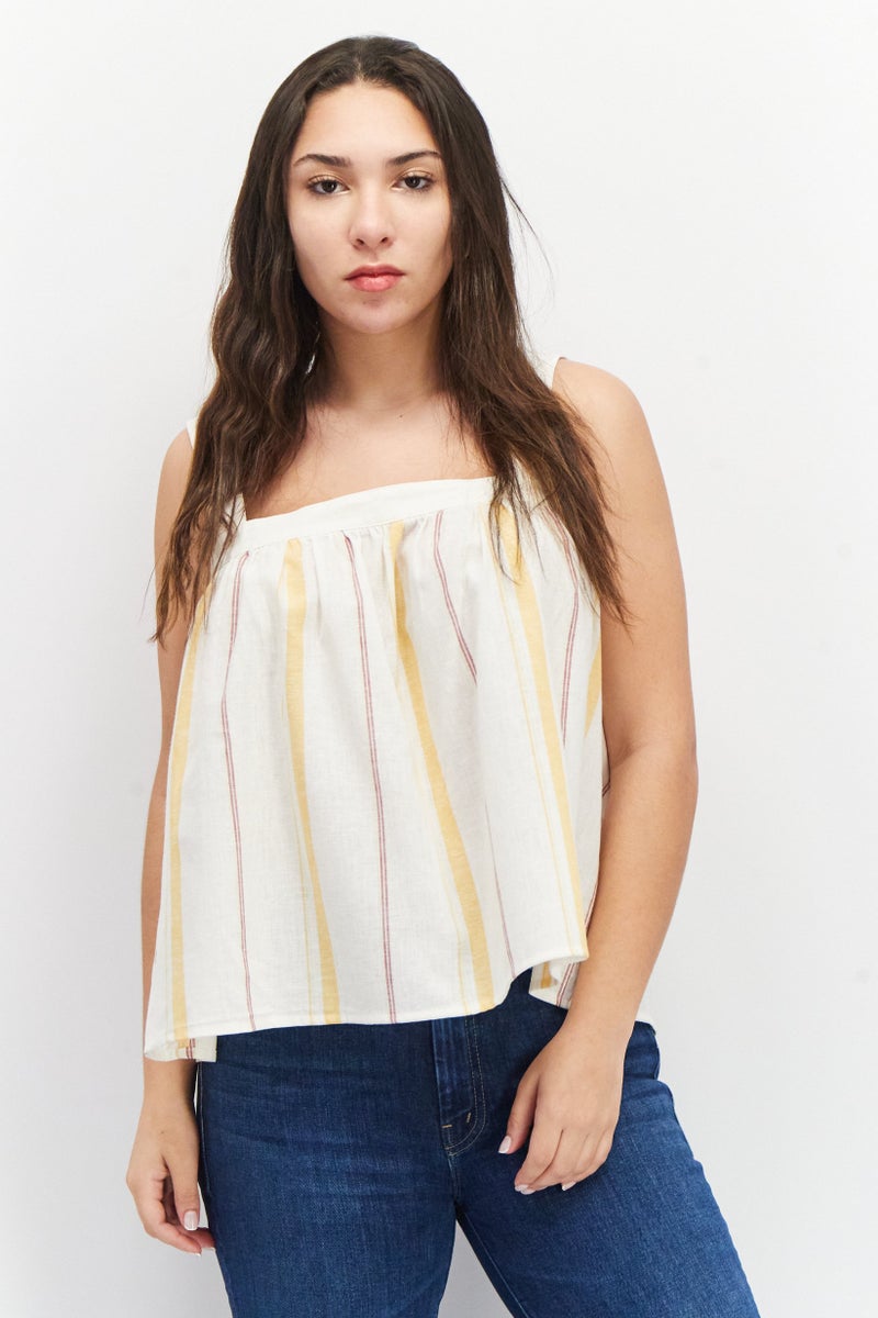 Women Square Neck Sleeveless Stripe Blouse, Off White