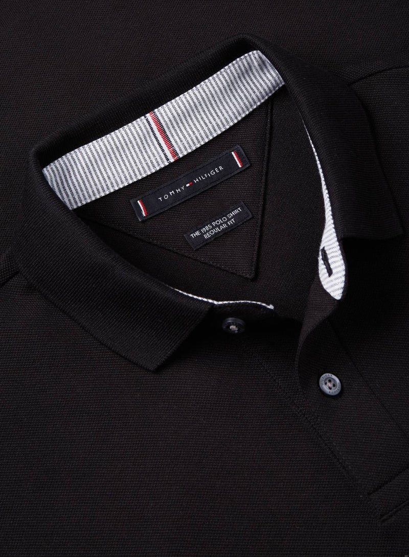 Men's 1985 Collection Flag Embroidery Regular Fit Polo Shirt - Cotton, Black