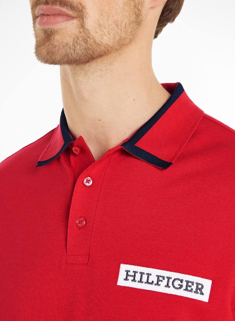 Men's Tipped Logo Embroidery Regular Fit Polo - Cotton, Red