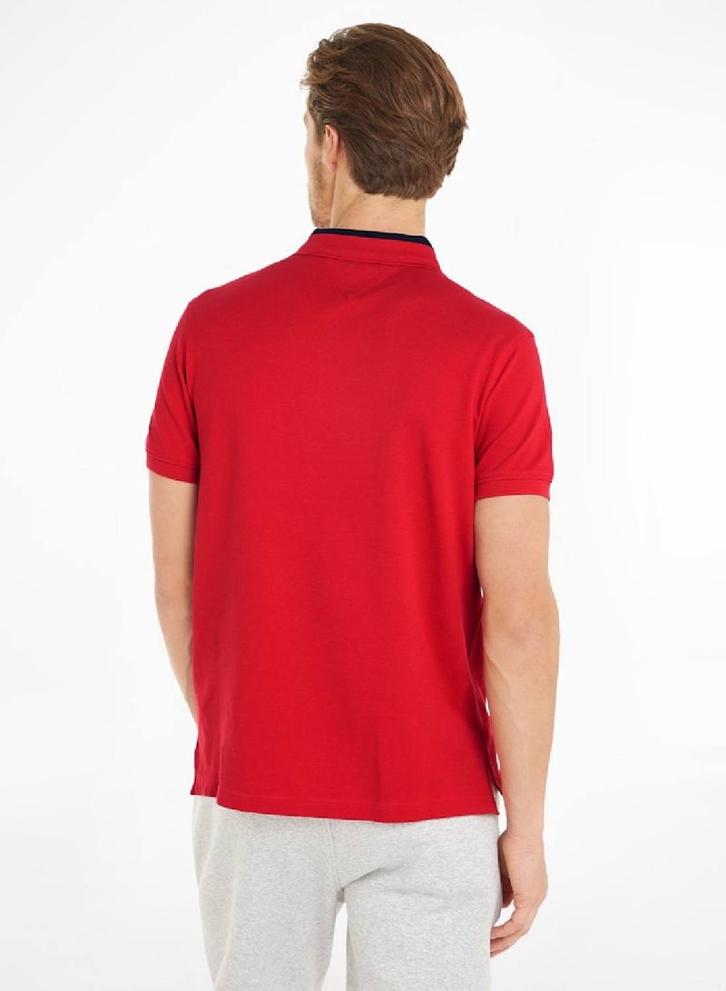 Men's Tipped Logo Embroidery Regular Fit Polo - Cotton, Red