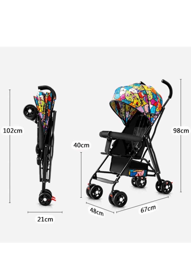 Baby Stroller, Folding Compact Travel Stroller, Small Children's Stroller with Adjustable Backrest, Footrest, Storage Basket and Extra-Large Canopy Cup Holder