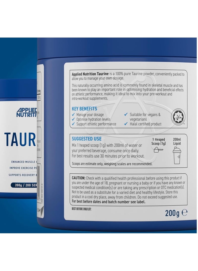 Taurine Powder 1000mg - Pure & Natural Supplement for Enhanced Muscle Hydration, Recovery & Endurance, 200g Unflavored