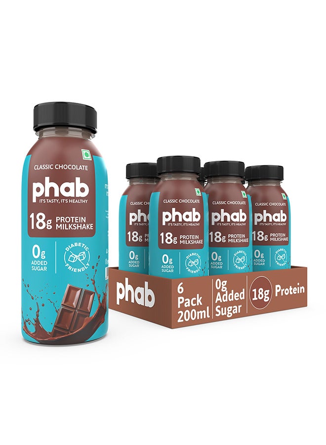 Phab Protein Milkshakes with 18g Protein, Vitamin B12, Rich Source of Calcium, Vitamin A & Vitamin D, No Added sugar, Healthy & Delicious Pack 6 x 200ml (Classic Chocolate)