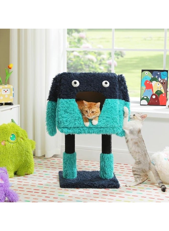 Monster-Themed Cat Tree, 2 in 1 Cat Scratching Post with Big Cozy Condo, Artistic Modeling Cat Tower with a Soft Removable Cat Bed for Indoor Cats (Blue, Medium)