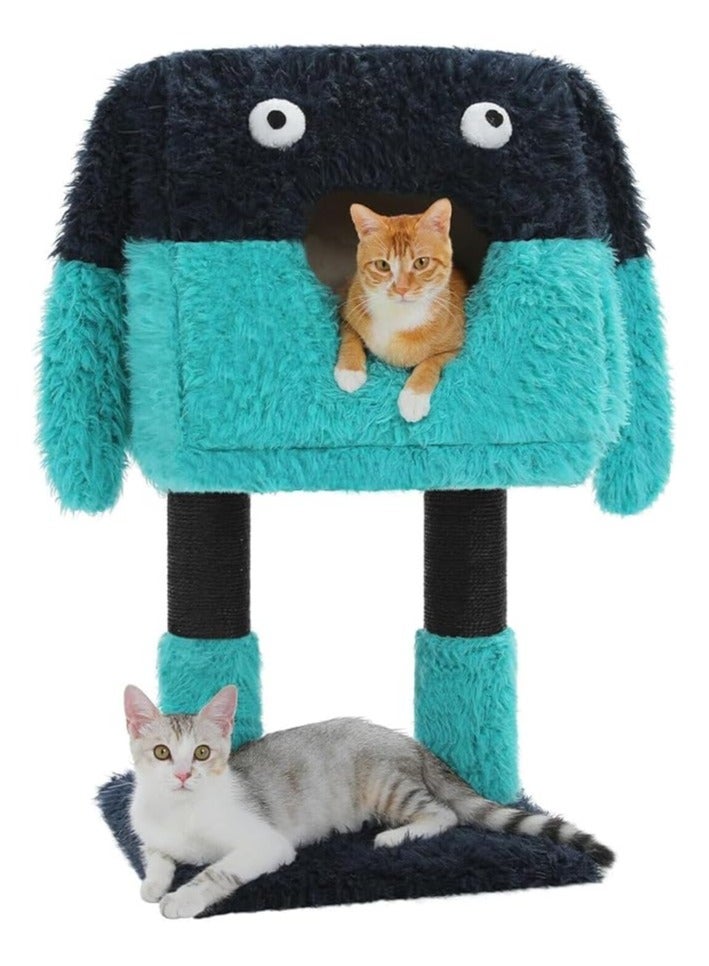 Monster-Themed Cat Tree, 2 in 1 Cat Scratching Post with Big Cozy Condo, Artistic Modeling Cat Tower with a Soft Removable Cat Bed for Indoor Cats (Blue, Medium)