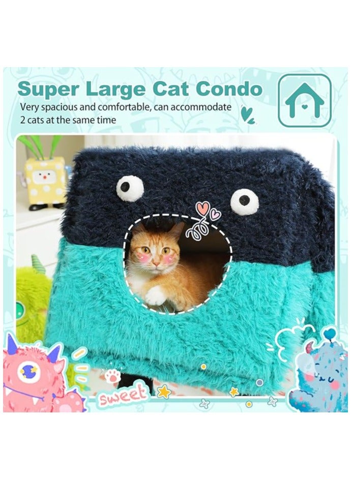 Monster-Themed Cat Tree, 2 in 1 Cat Scratching Post with Big Cozy Condo, Artistic Modeling Cat Tower with a Soft Removable Cat Bed for Indoor Cats (Blue, Medium)