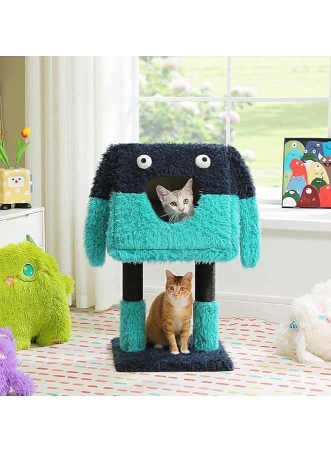 Monster-Themed Cat Tree, 2 in 1 Cat Scratching Post with Big Cozy Condo, Artistic Modeling Cat Tower with a Soft Removable Cat Bed for Indoor Cats (Blue, Medium)