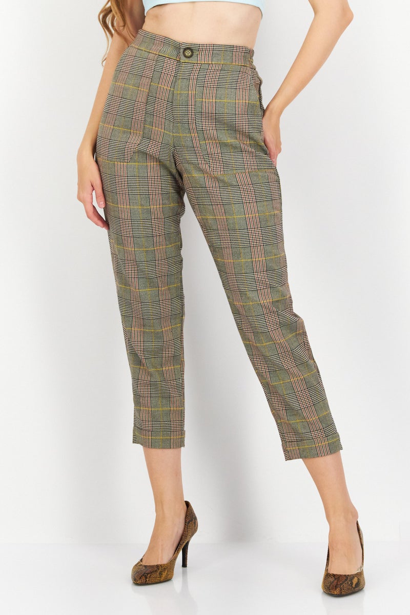 Women Regular Fit Plaid Capri Pants, Grey Combo