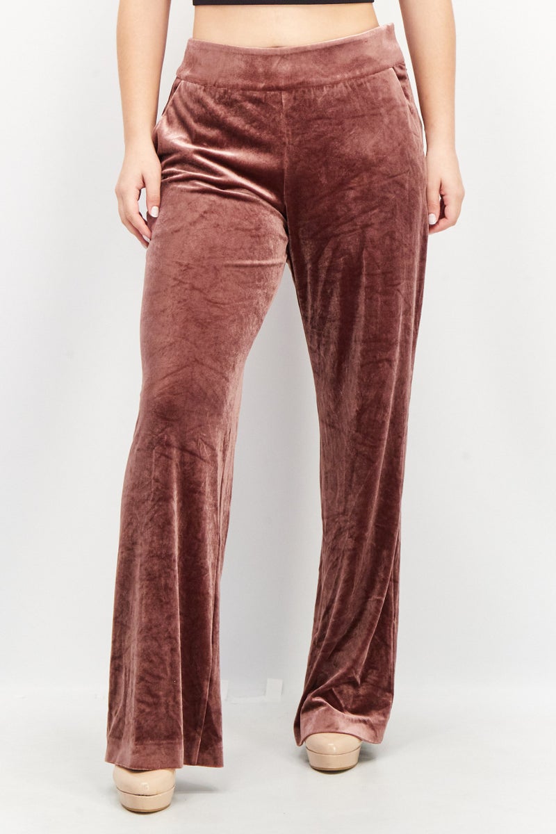 Women Regular Fit Velvet Side Pocket Pants, Brown