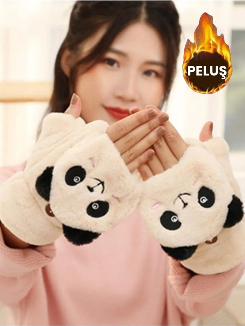 Children's Cute Panda Half Finger Covered Winter Plush Gloves