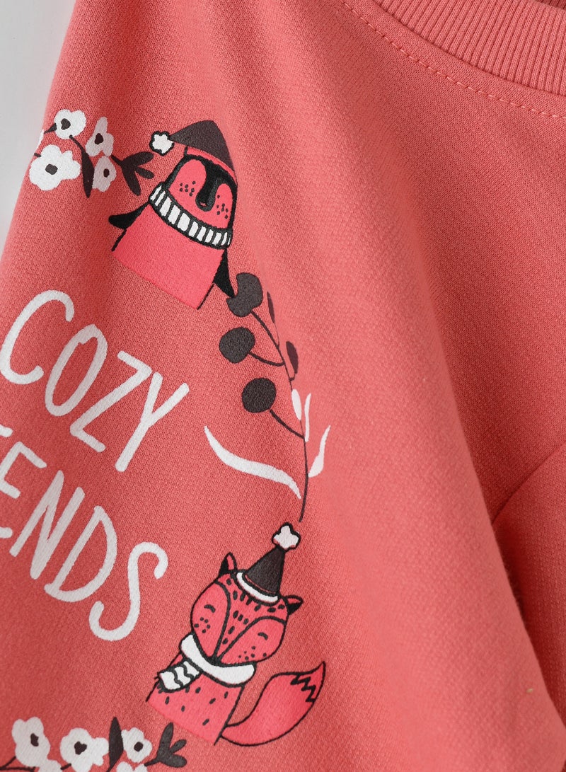 Girls Coral Sweatshirt - Cozy Friends Print