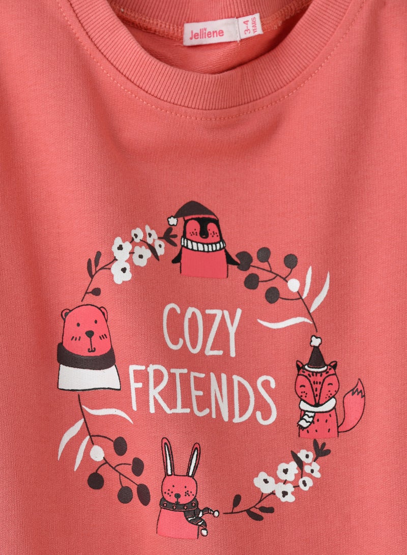 Girls Coral Sweatshirt - Cozy Friends Print