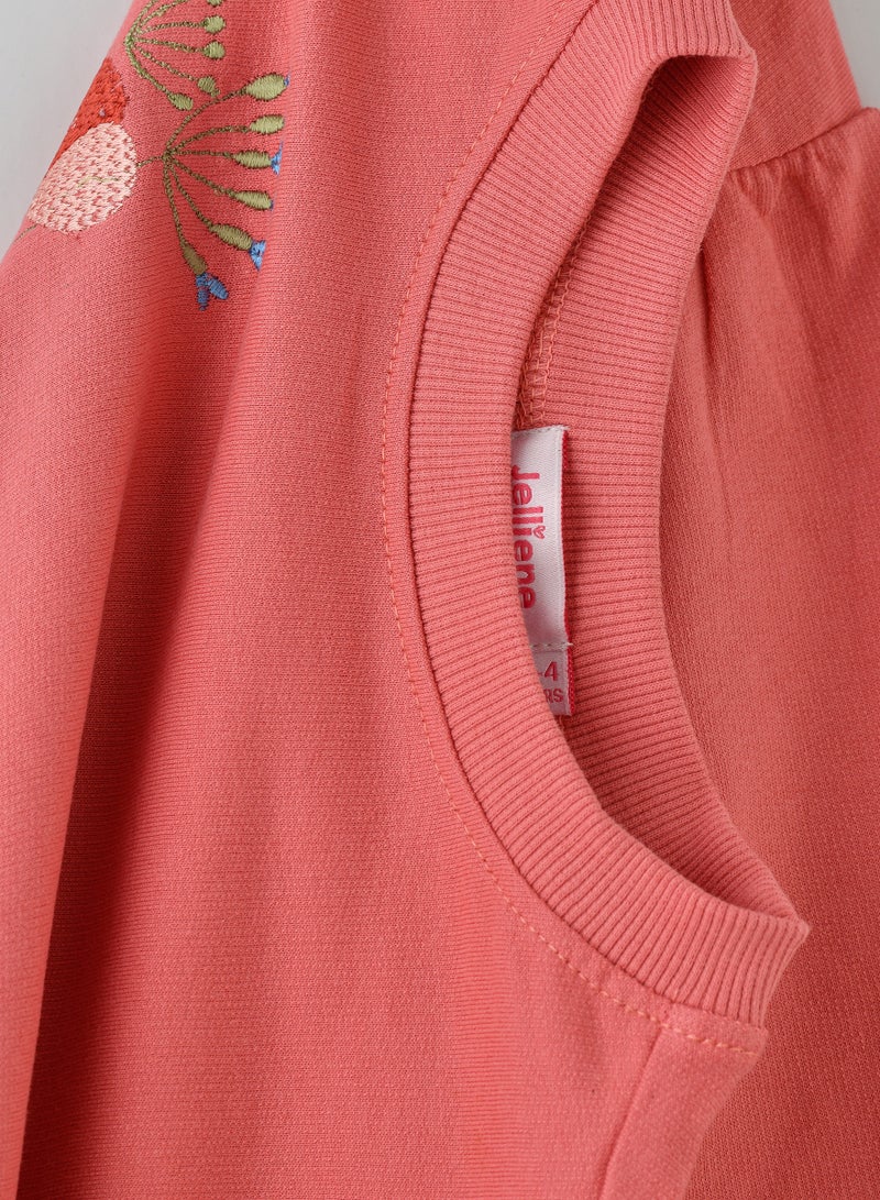 Girls Coral Sweatshirt with Floral Embroidery