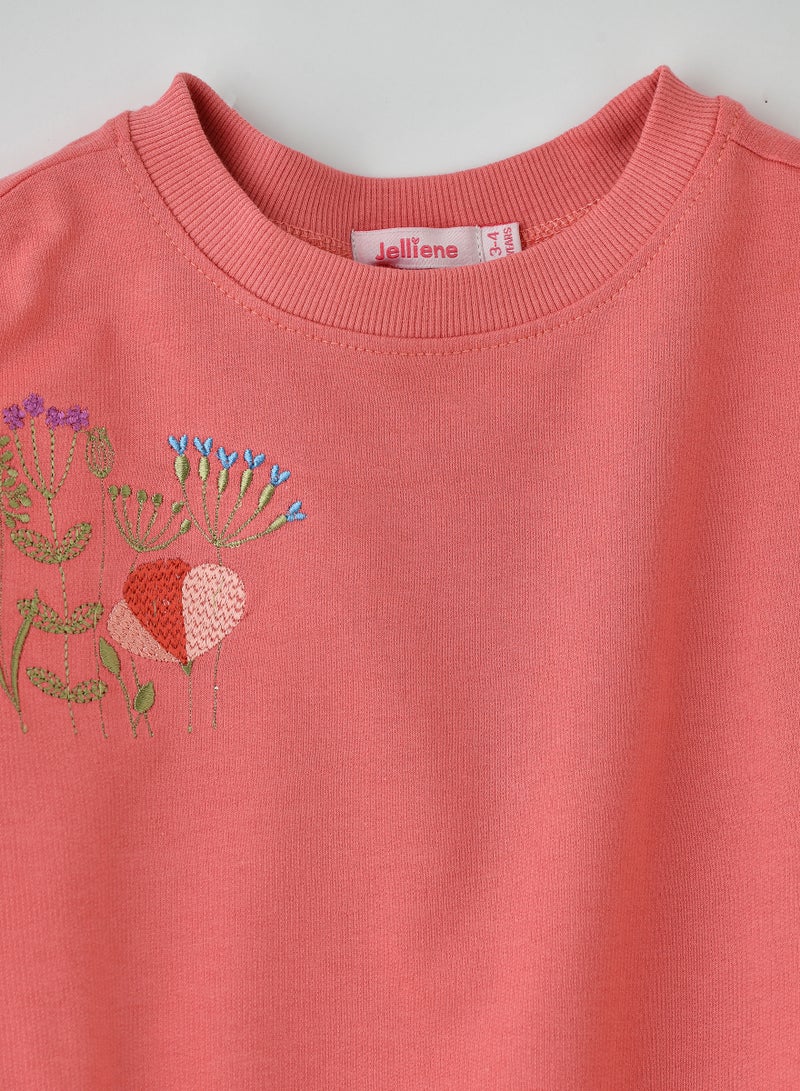 Girls Coral Sweatshirt with Floral Embroidery