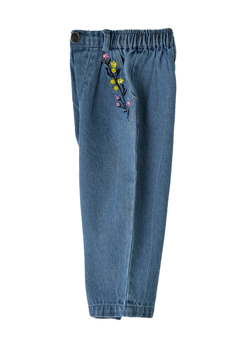 Girls Denim Pants with Floral Embroidery