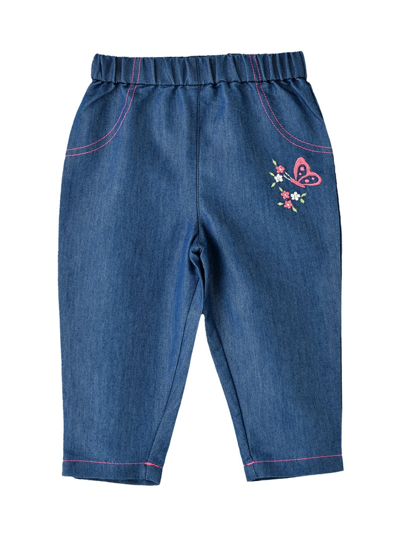 Girls' Denim Butterfly Embroidered Pants