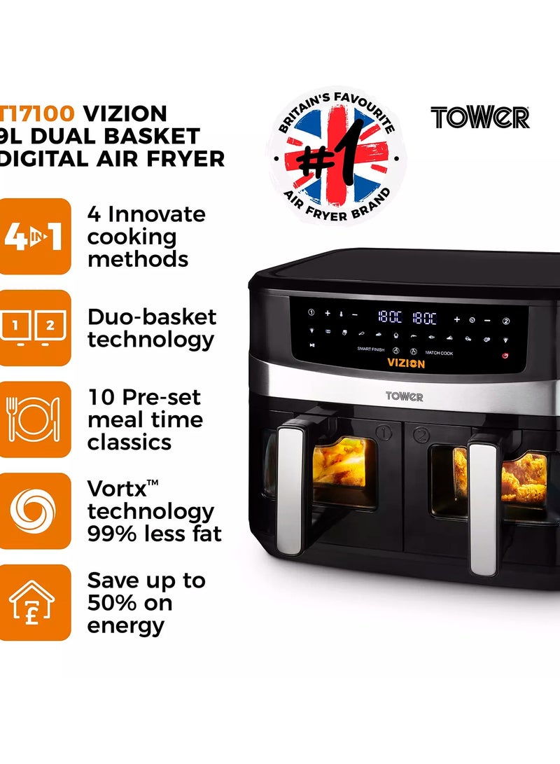 Air Fryer T17100, Vortx Vizion 9L Dual Basket with Digital control panel & 10 One-touch Pre-sets, Black