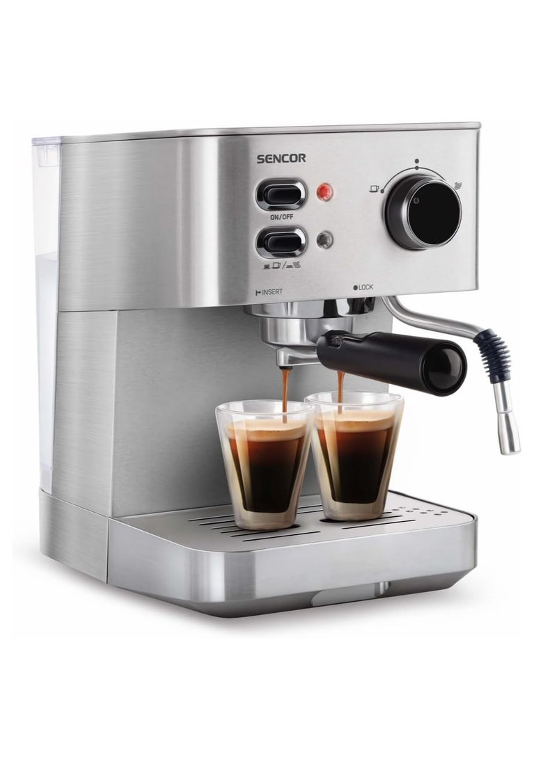 Electric Espresso Maker 15 Bar Pressure Pump/ 1050W Stainless Steel Coffee Machine with Boiler Heating, Swivel Steam Wand, Milk Frother, 1-2 Cup Filter, Espresso/Cappuccino Machine - Silver