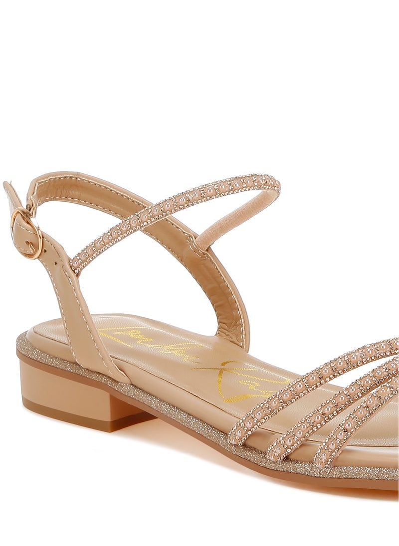 Rhinestone Pearl Detail Flat Sandals Beige