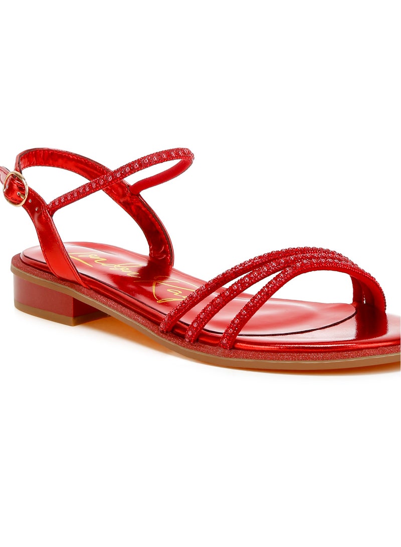 Rhinestone Pearl Detail Flat Sandals Red