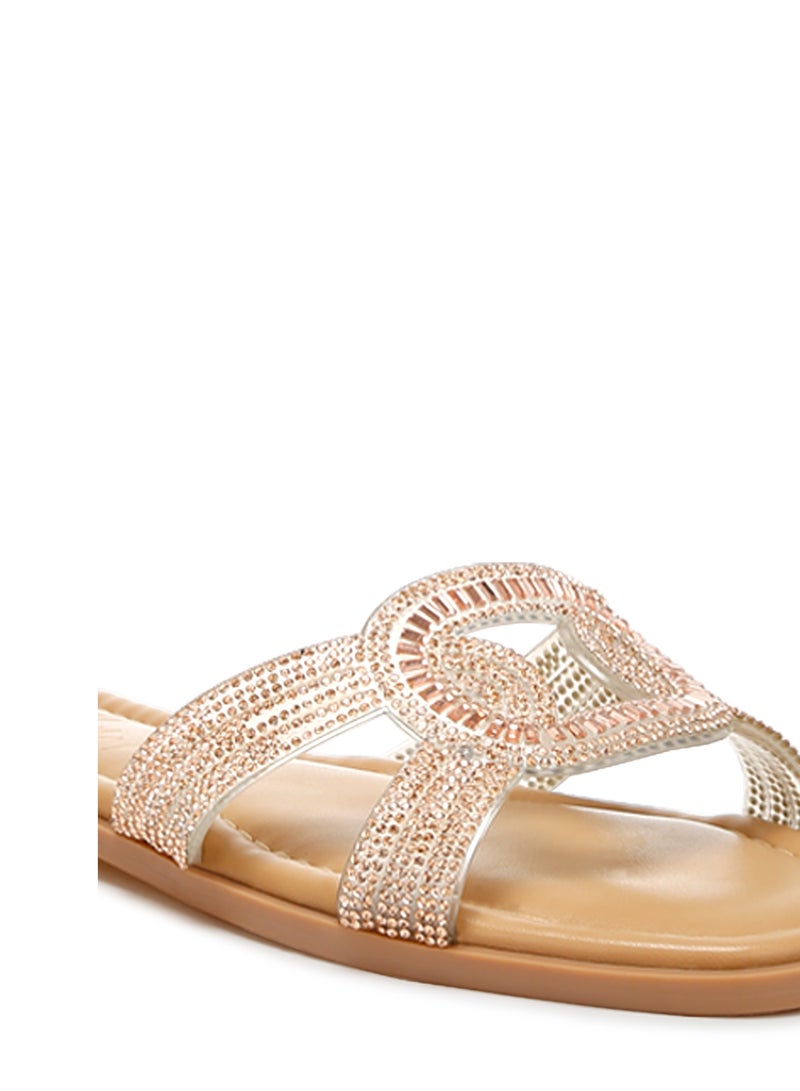 Rhinestones Embellished Flat Sandals in Rose Gold