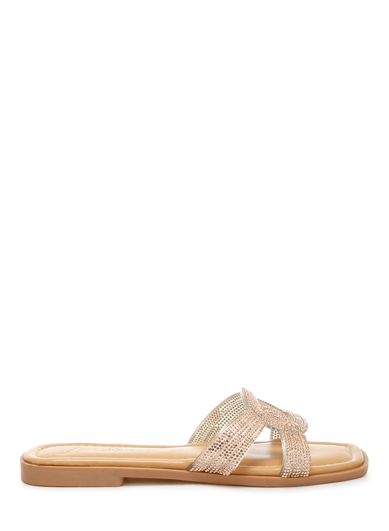 Rhinestones Embellished Flat Sandals in Rose Gold