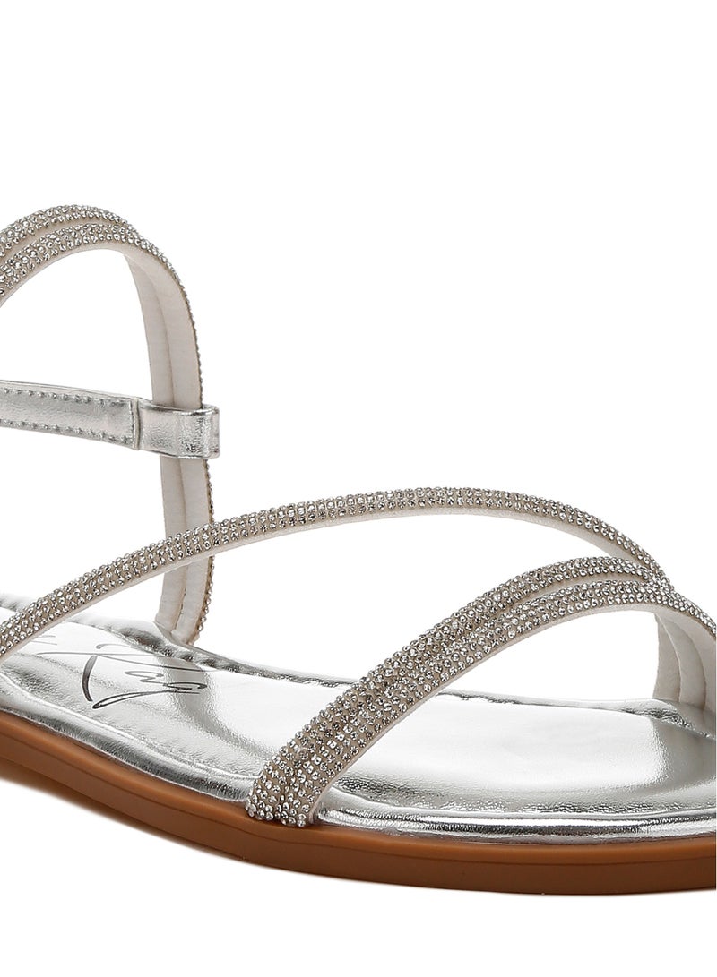 Rhinestone Strappy Flat Sandals in Silver