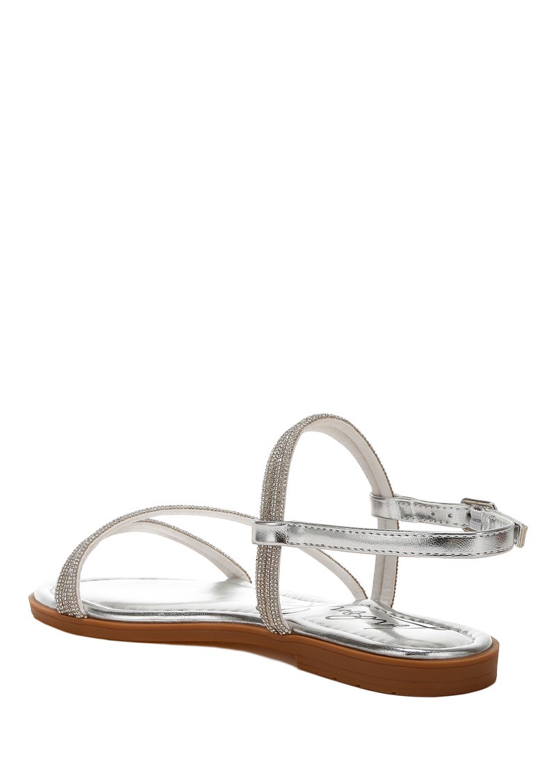 Rhinestone Strappy Flat Sandals in Silver