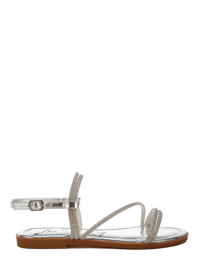 Rhinestone Strappy Flat Sandals in Silver