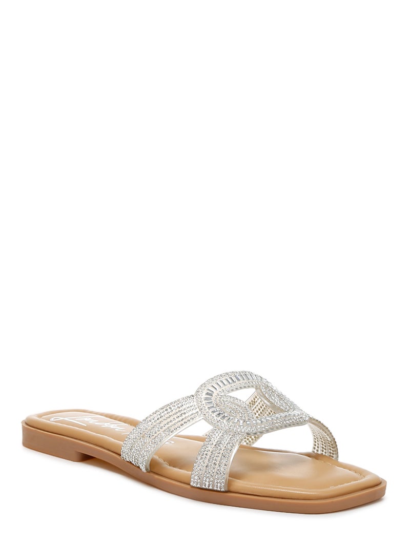 Rhinestones Embellished Flat Sandals in Silver