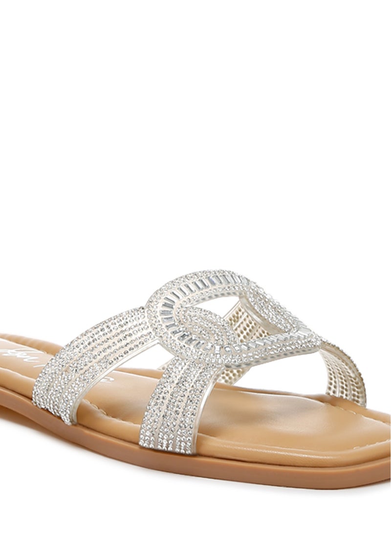 Rhinestones Embellished Flat Sandals in Silver