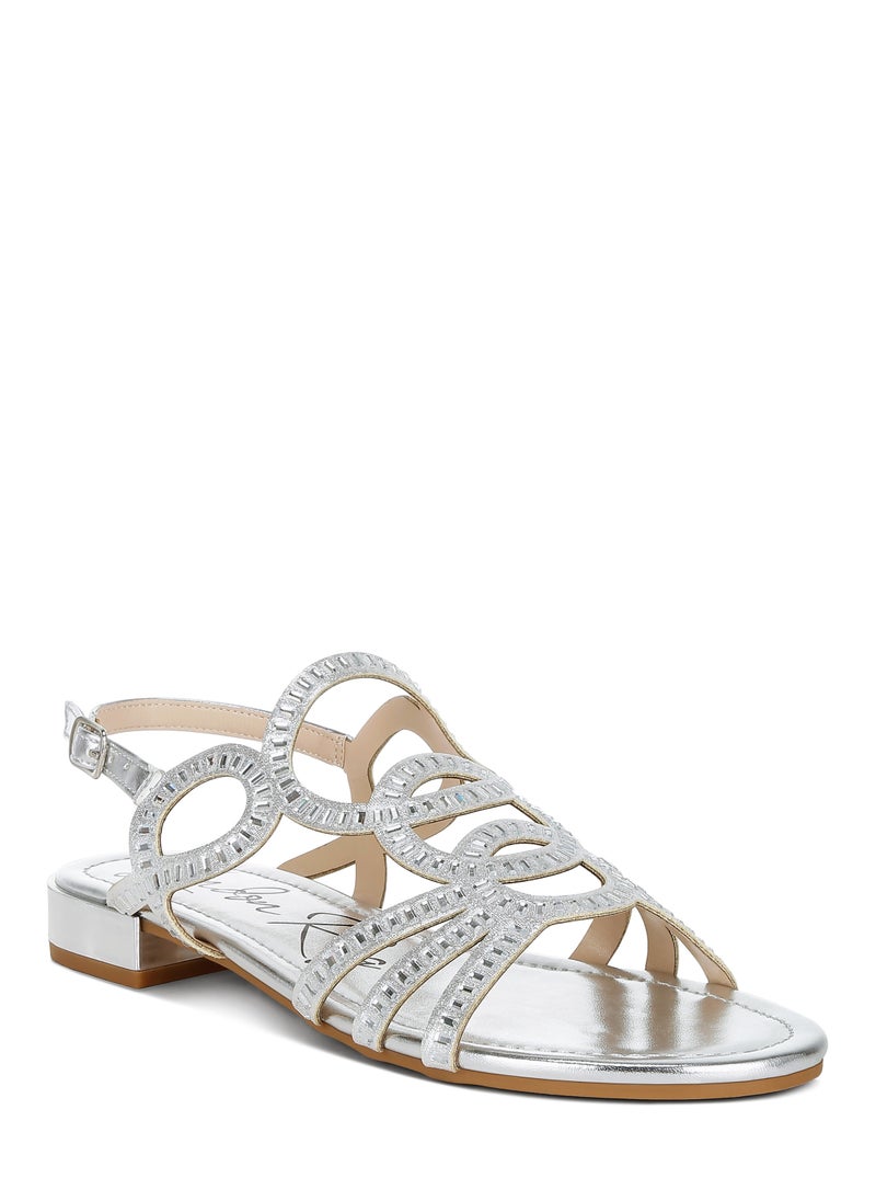 Cut Out Detail Rhinestone Flat Sandals in Silver