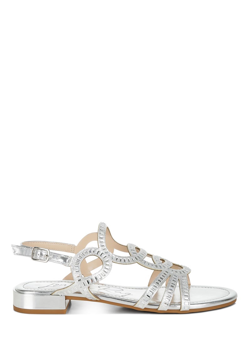 Cut Out Detail Rhinestone Flat Sandals in Silver