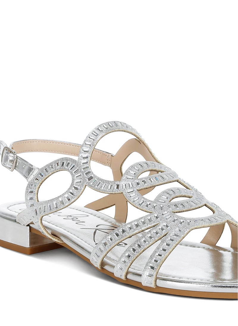 Cut Out Detail Rhinestone Flat Sandals in Silver