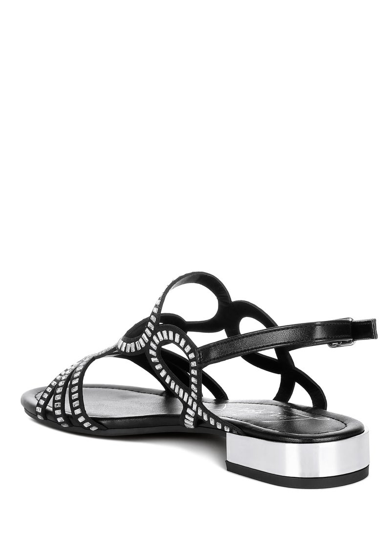 Cut Out Detail Rhinestone Flat Sandals in Black