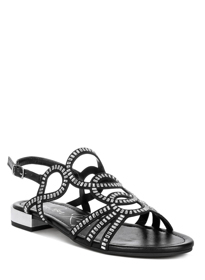 Cut Out Detail Rhinestone Flat Sandals in Black