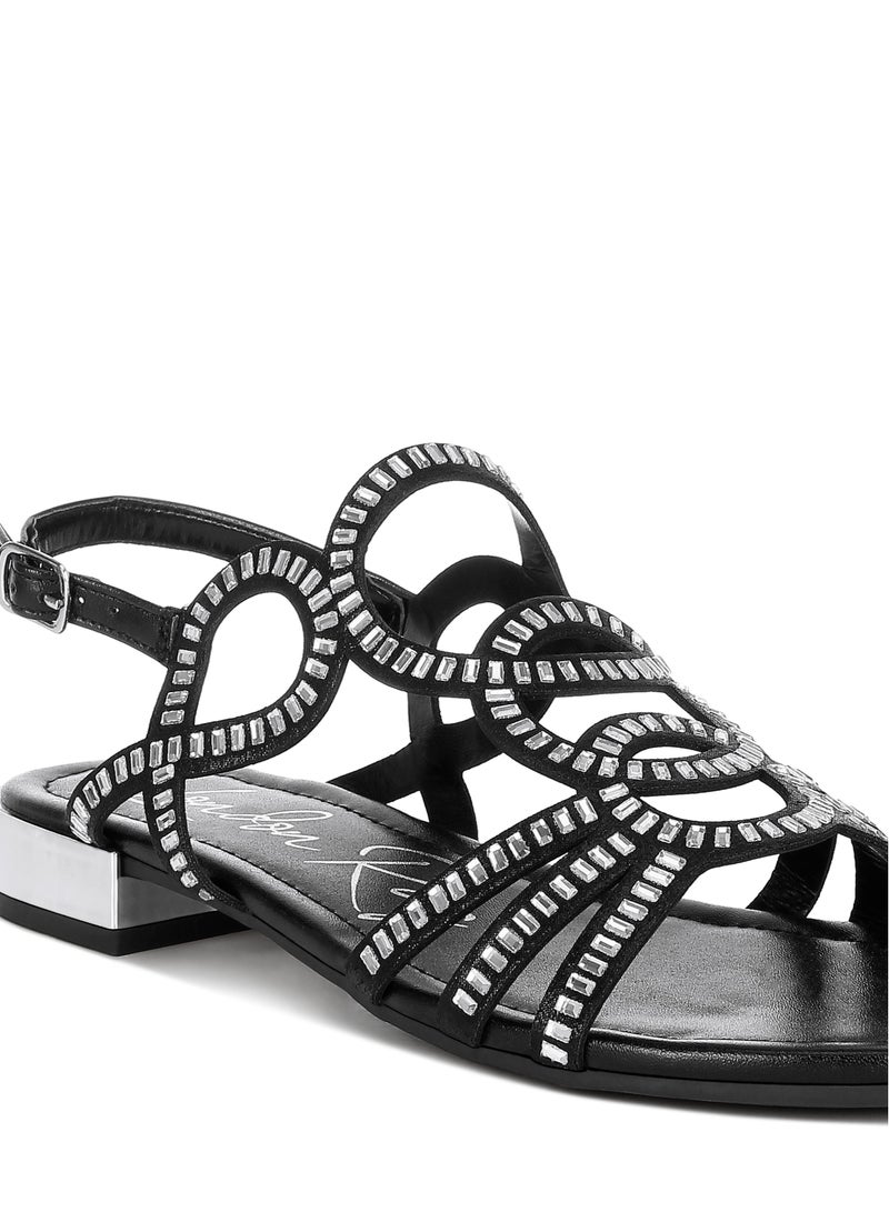 Cut Out Detail Rhinestone Flat Sandals in Black