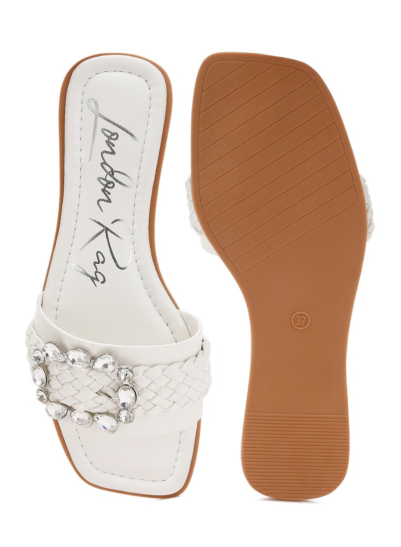 Diamante Flat Sandals in White