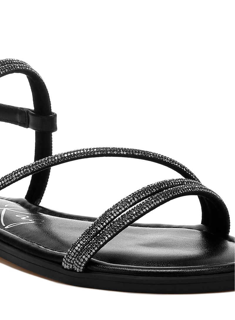 Rhinestone Strappy Flat Sandals in Black