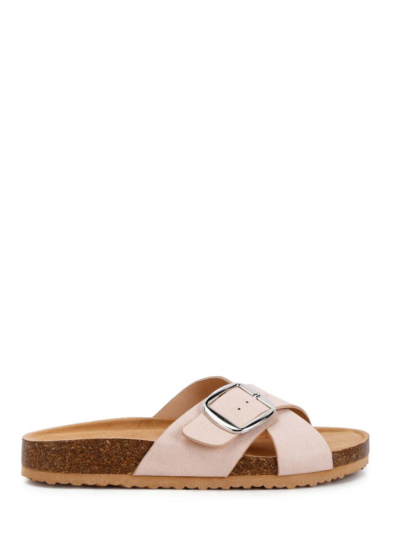 Buckle Slip On Sandals in Beige