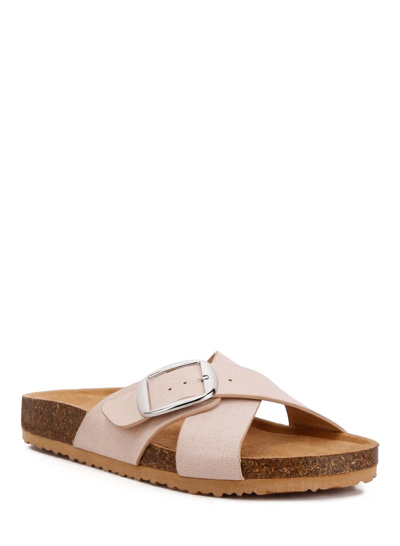 Buckle Slip On Sandals in Beige