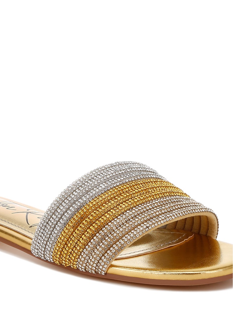 Gold Rhinestone Strap Slip On Flats