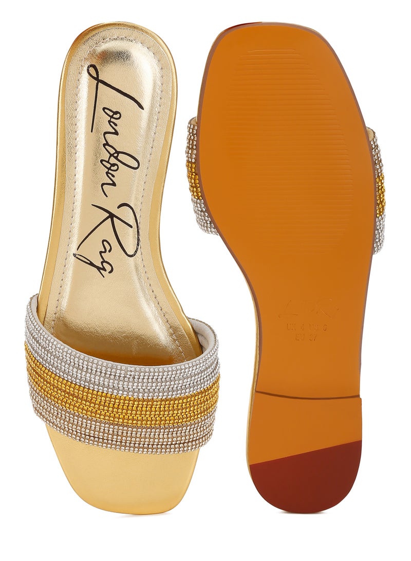 Gold Rhinestone Strap Slip On Flats